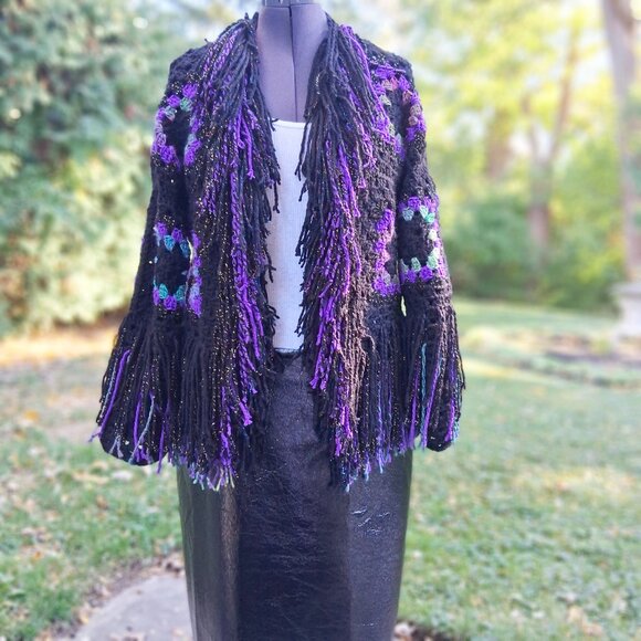 Granny Square Super Fringe Black Purple Greens L/XL - Picture 11 of 12